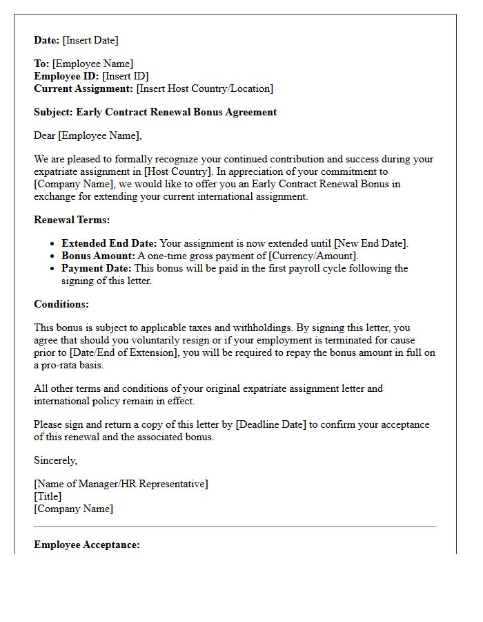 Expatriate Assignment Early Contract Renewal Bonus Letter