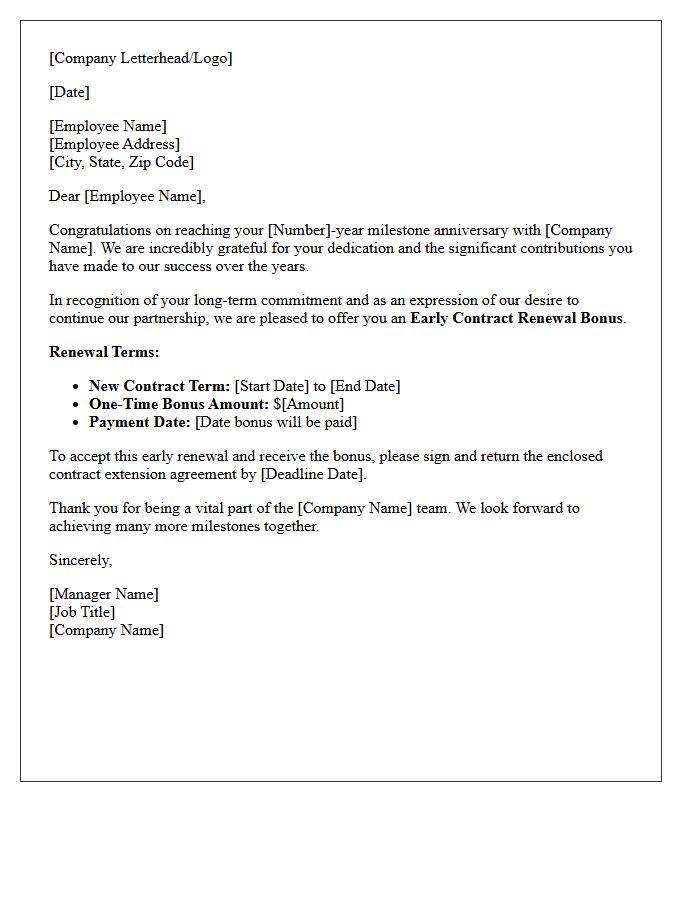 Milestone Anniversary Early Contract Renewal Bonus Letter
