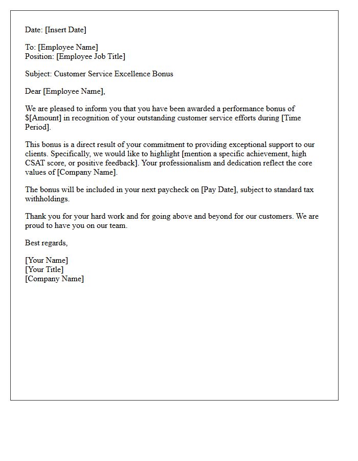 Customer Service Excellence Bonus Letter