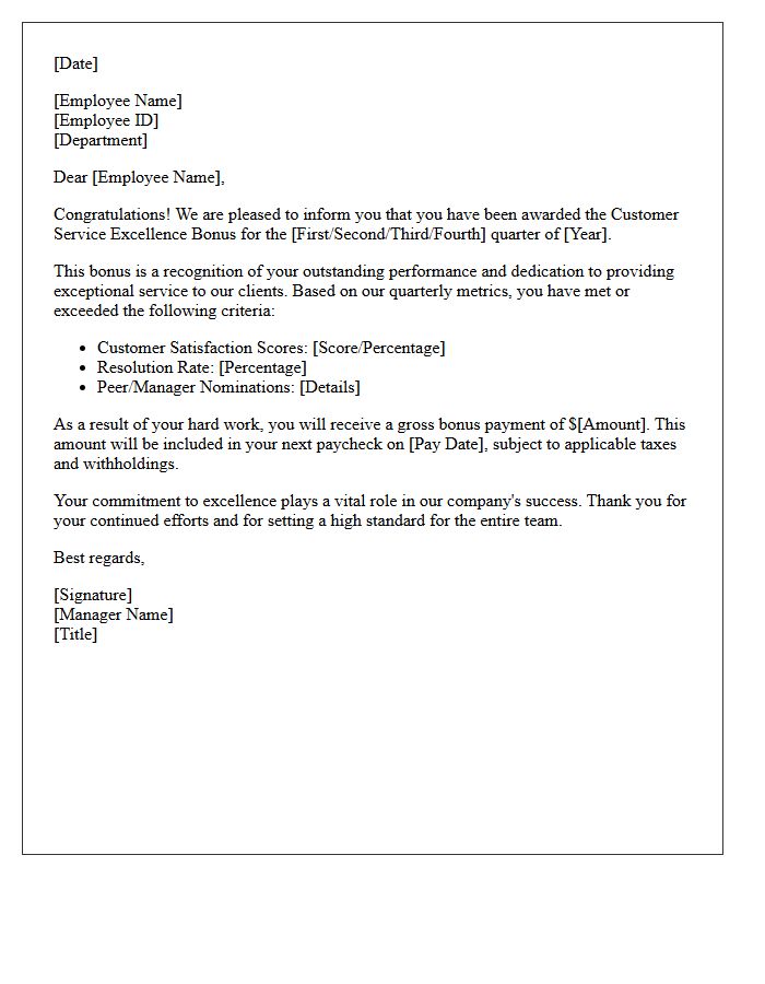 Quarterly Customer Service Excellence Bonus Letter