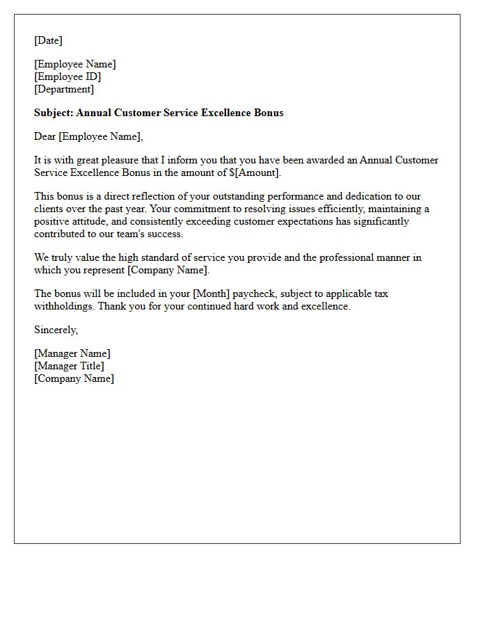 Annual Customer Service Excellence Bonus Letter