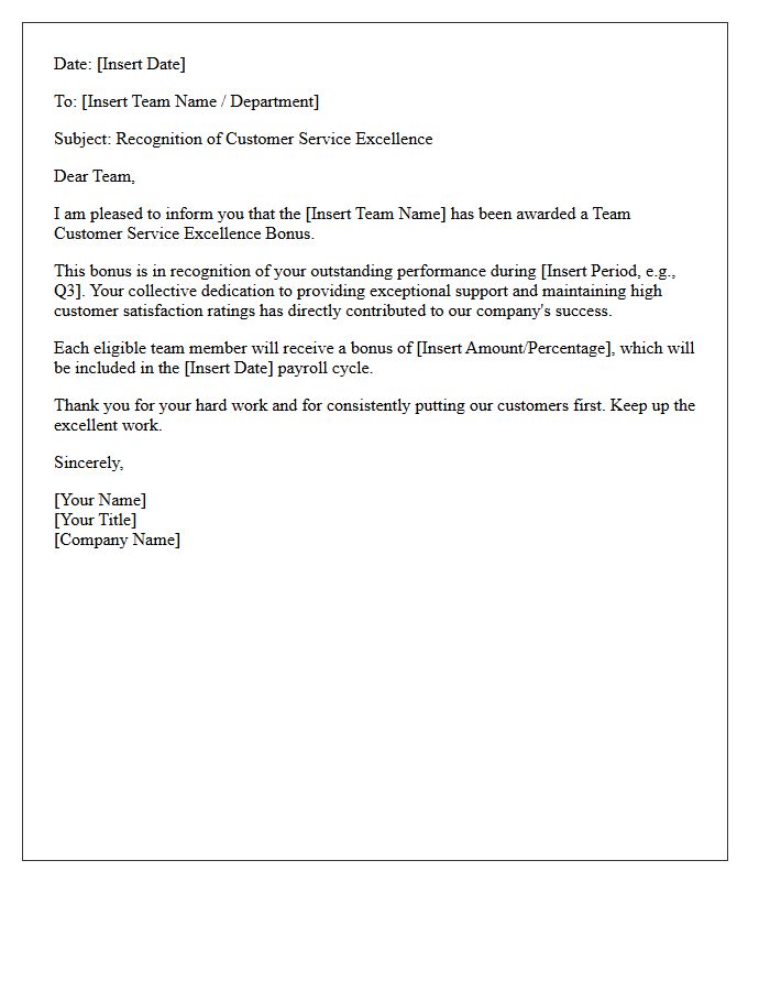 Team Customer Service Excellence Bonus Letter