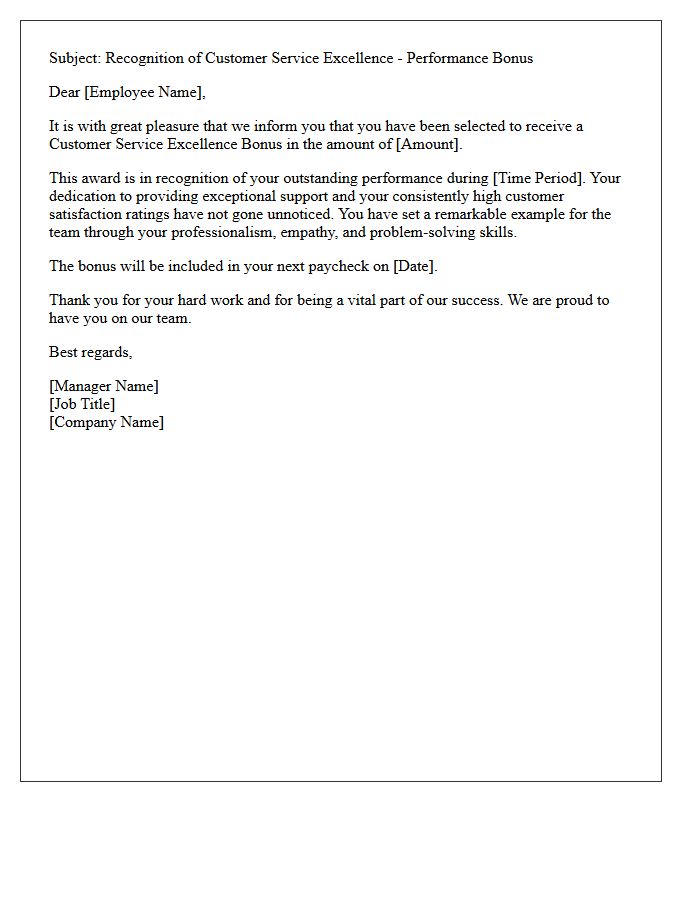 Top Performer Customer Service Excellence Bonus Letter