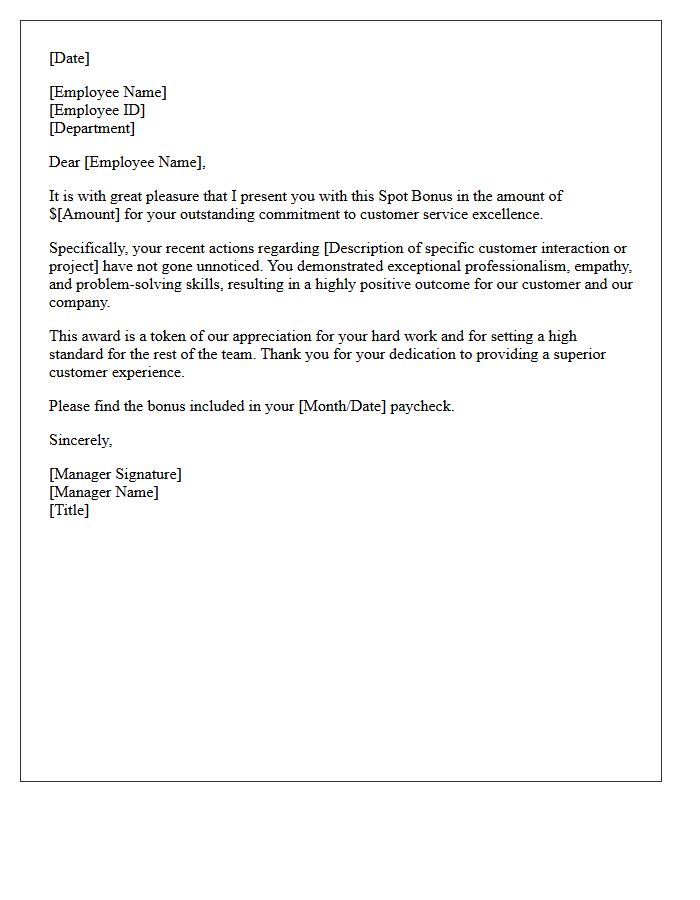 Spot Bonus Customer Service Excellence Letter