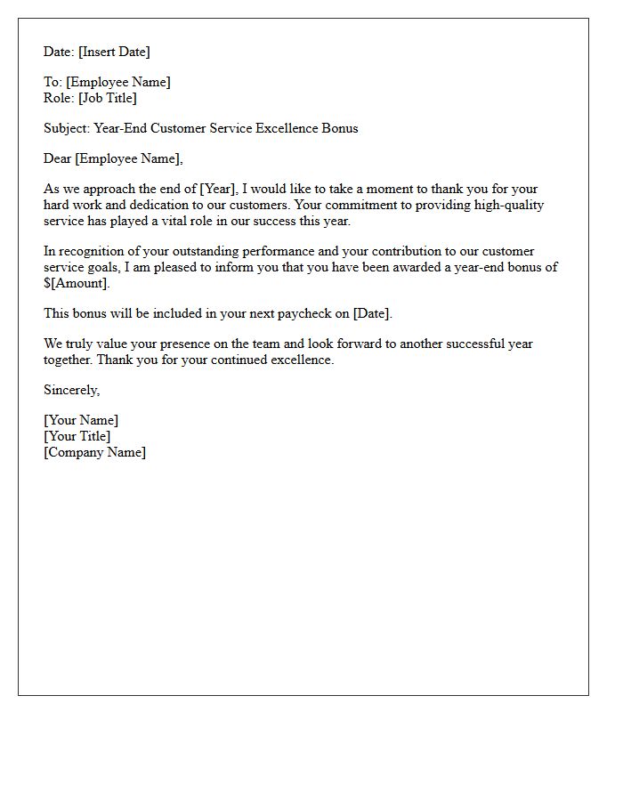Year-End Customer Service Excellence Bonus Letter