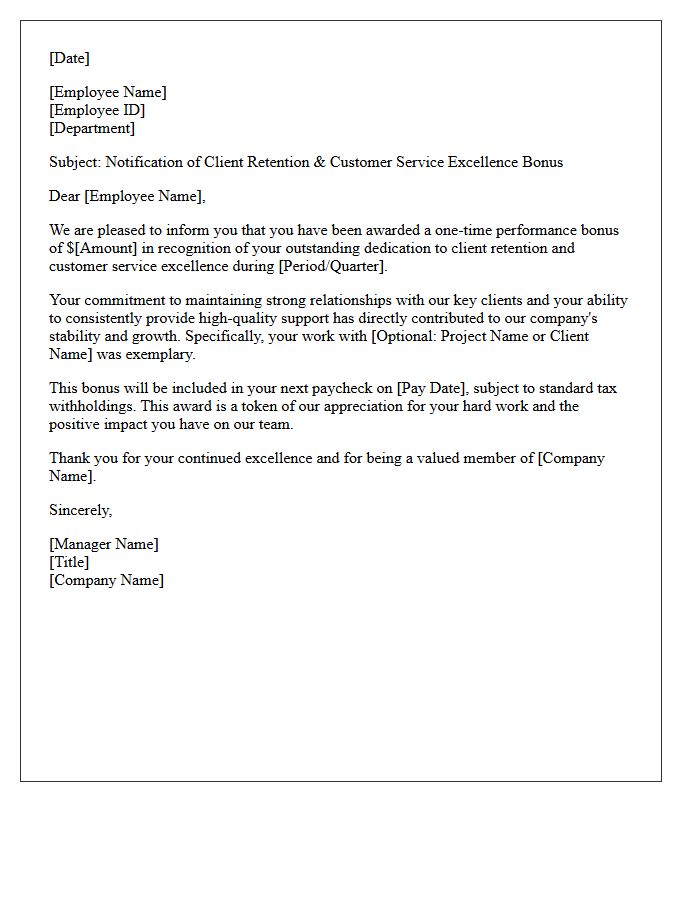 Client Retention Customer Service Excellence Bonus Letter