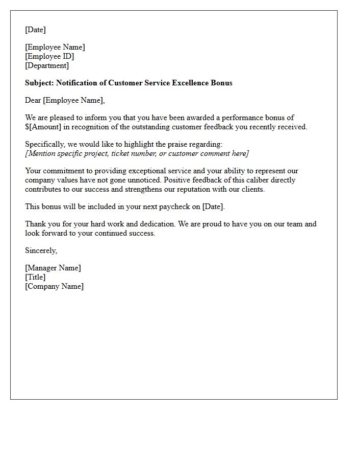 Outstanding Feedback Customer Service Excellence Bonus Letter