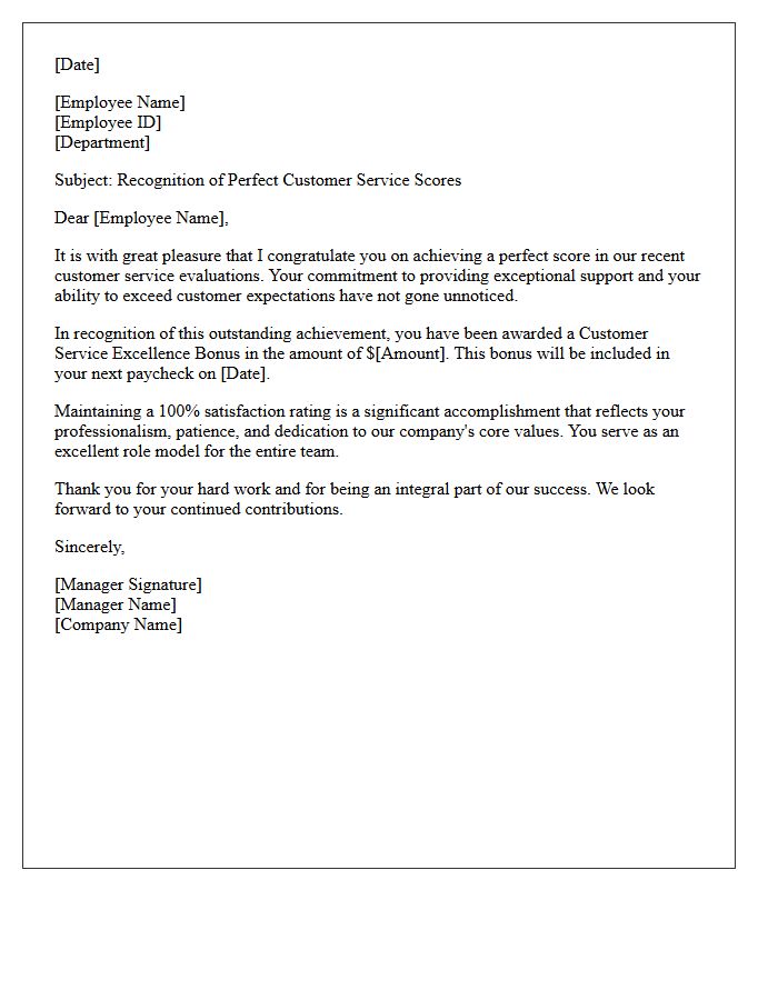 Perfect Score Customer Service Excellence Bonus Letter