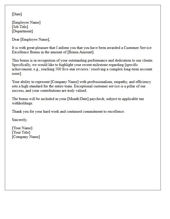 Milestone Customer Service Excellence Bonus Letter