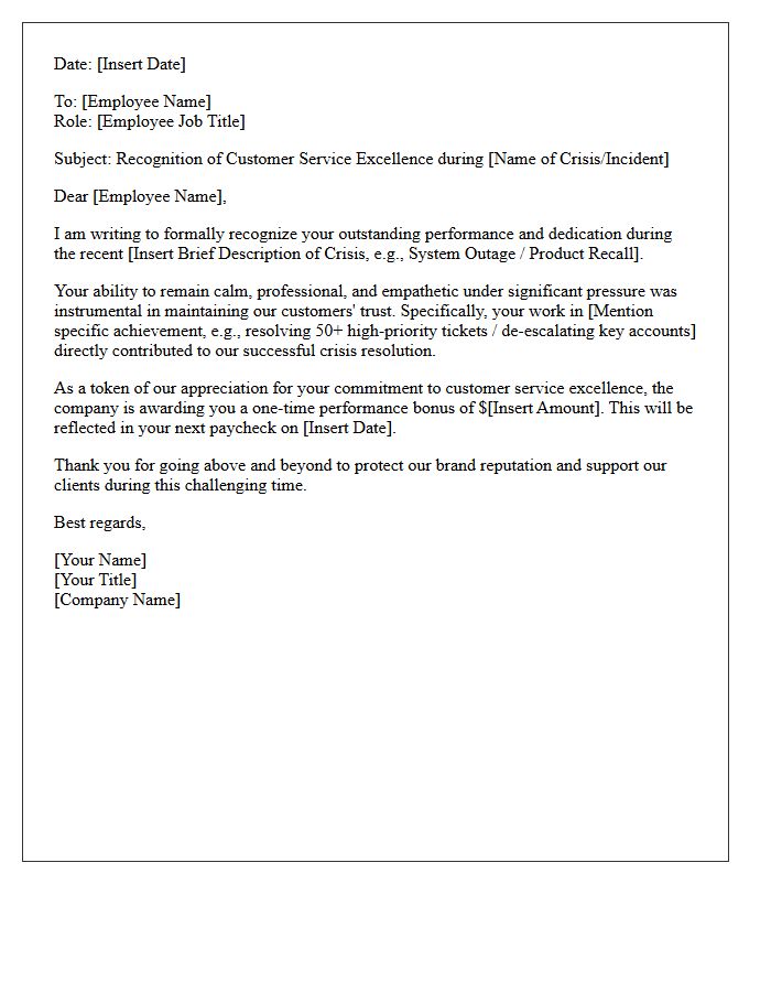 Crisis Resolution Customer Service Excellence Bonus Letter