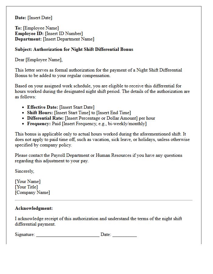 Night Shift Differential Bonus Authorization Letter