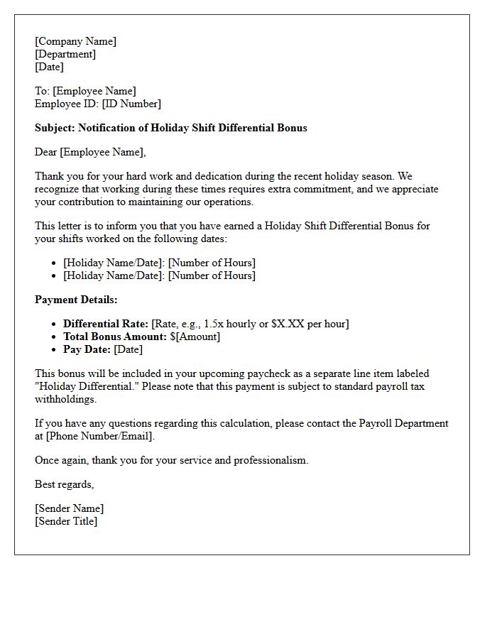 Holiday Shift Differential Bonus Notification Letter