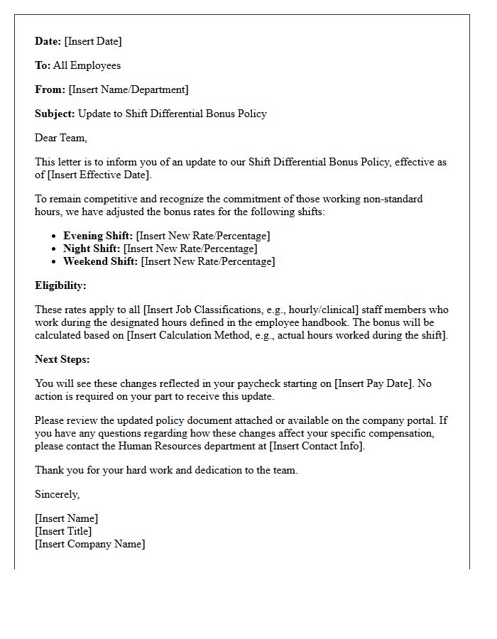 Shift Differential Bonus Policy Update Letter