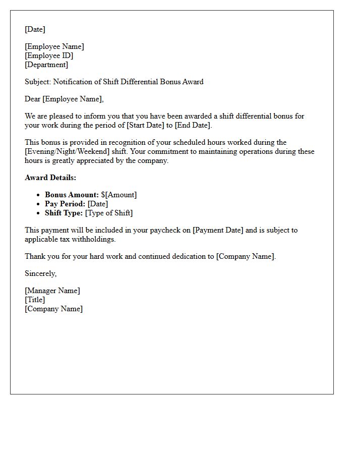 Employee Shift Differential Bonus Award Letter