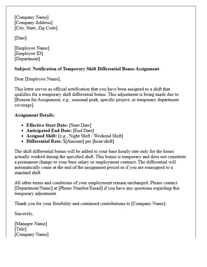 Temporary Shift Differential Bonus Assignment Letter