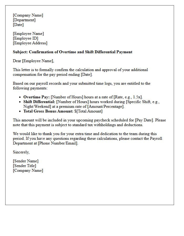 Overtime and Shift Differential Bonus Confirmation Letter