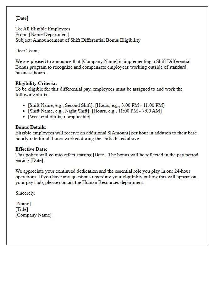 Shift Differential Bonus Eligibility Announcement Letter