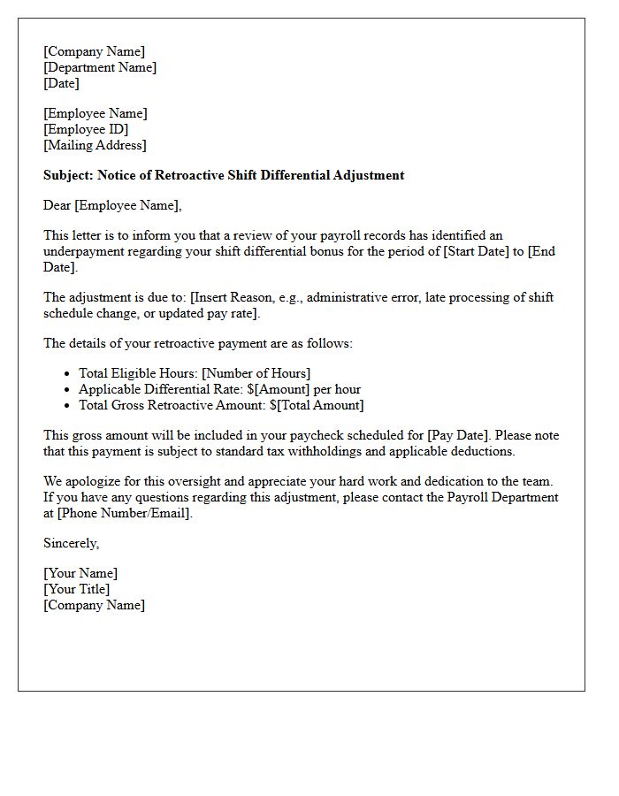 Retroactive Shift Differential Bonus Adjustment Letter