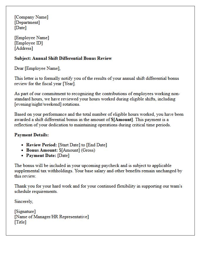 Annual Shift Differential Bonus Review Letter