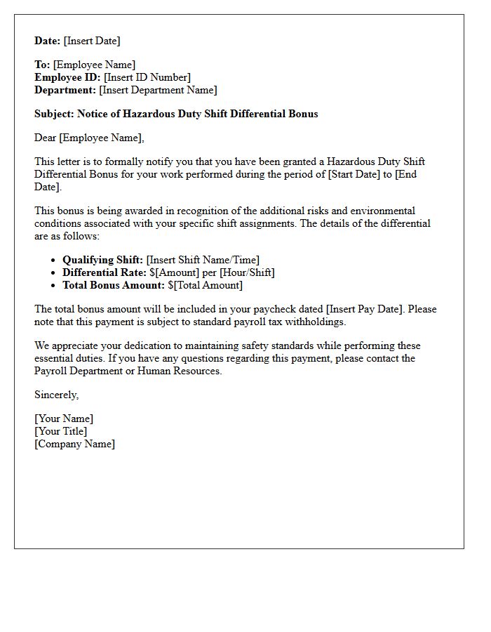 Hazardous Duty Shift Differential Bonus Letter