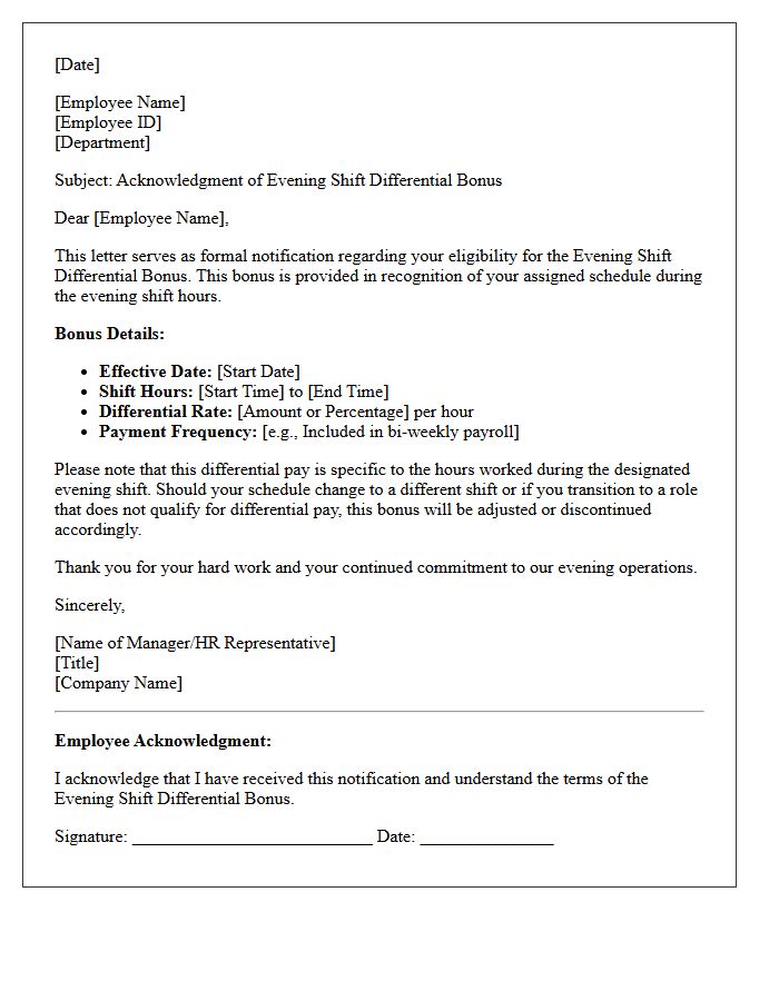 Evening Shift Differential Bonus Acknowledgment Letter