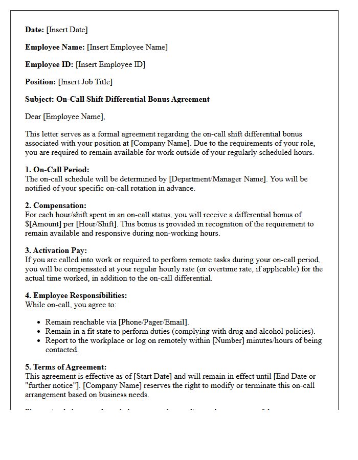 On-Call Shift Differential Bonus Agreement Letter