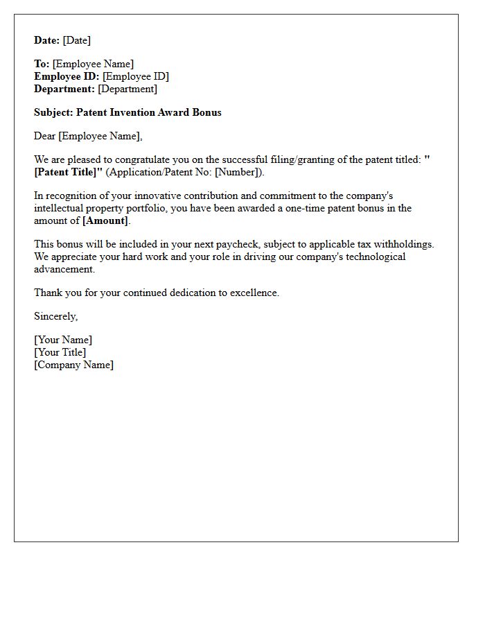 Patent Invention Award Bonus Letter