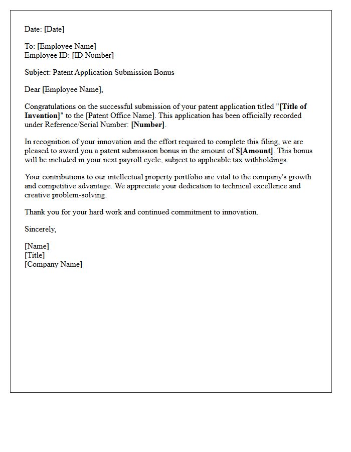 Patent Application Submission Bonus Letter