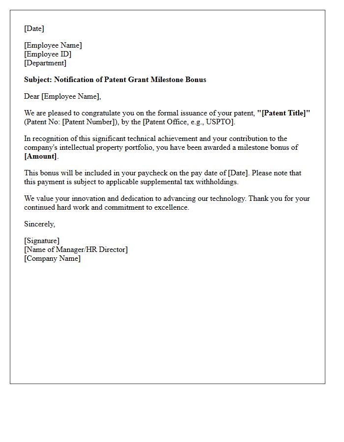 Patent Grant Milestone Bonus Letter