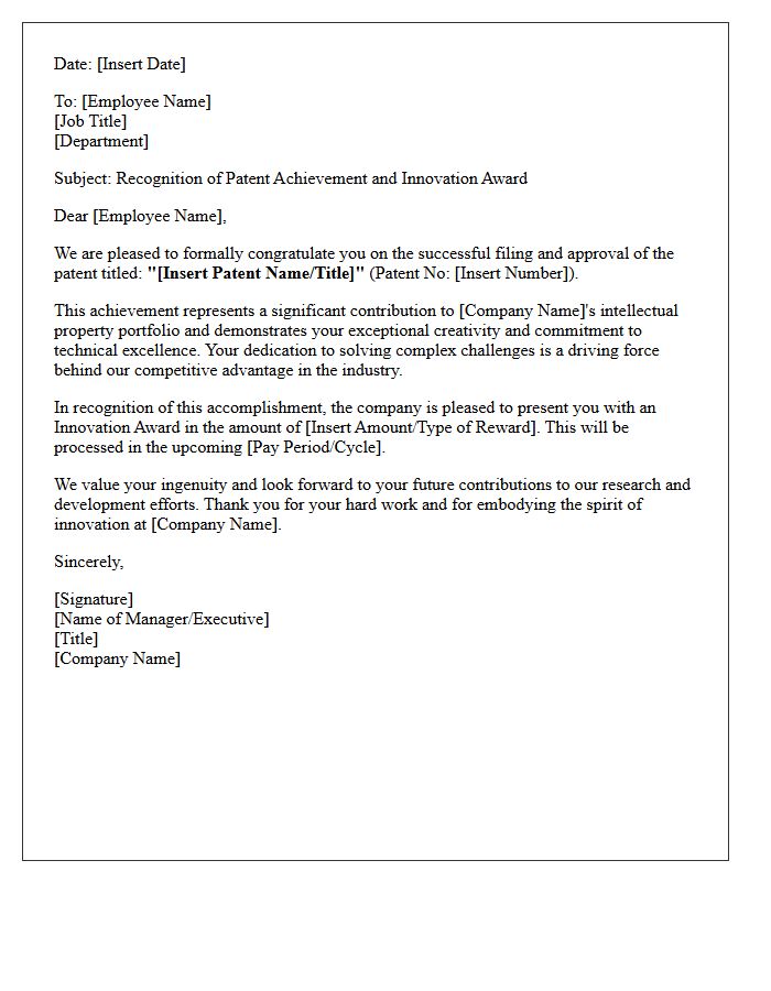 Employee Innovation and Patent Award Letter