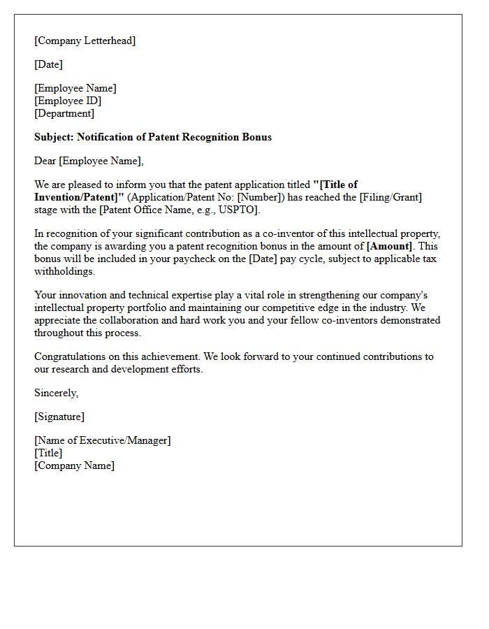 Co-Inventor Patent Recognition Bonus Letter