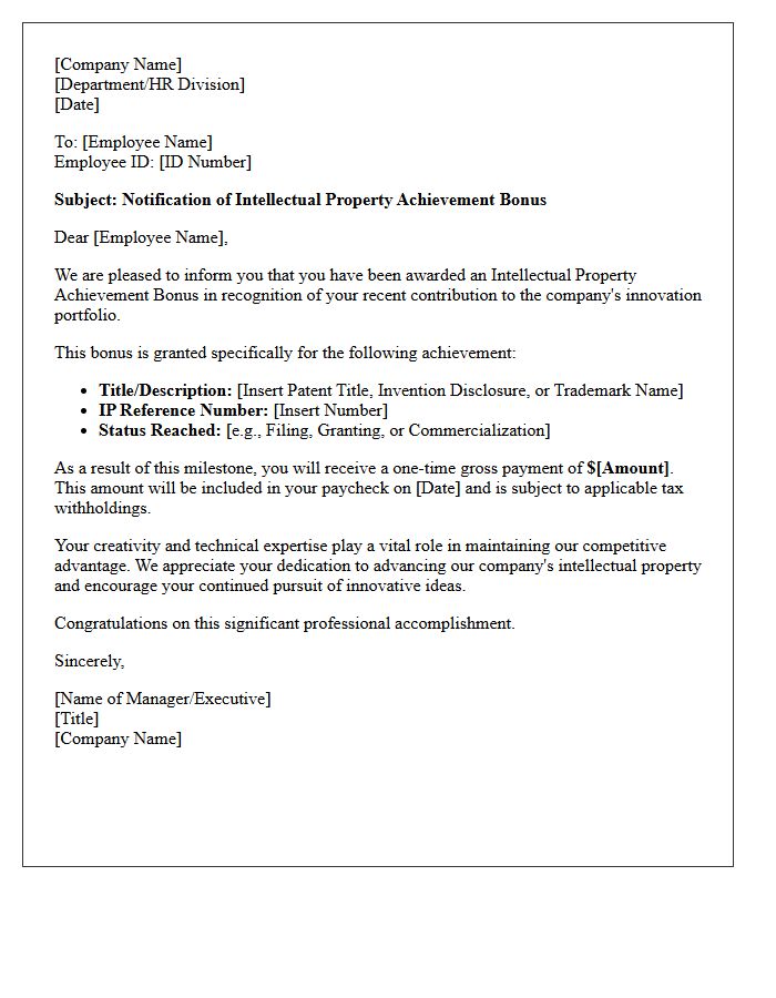 Intellectual Property Achievement Bonus Letter