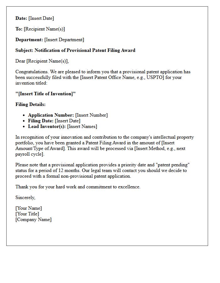 Provisional Patent Filing Award Letter