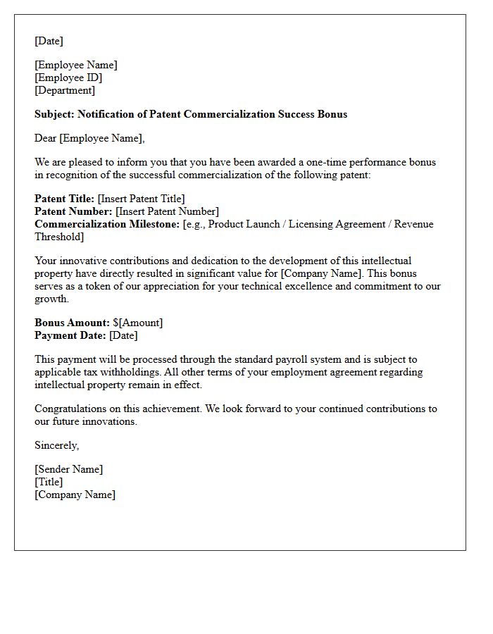 Patent Commercialization Success Bonus Letter