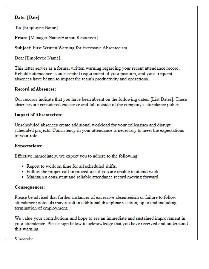 First Written Warning Letter for Excessive Absenteeism