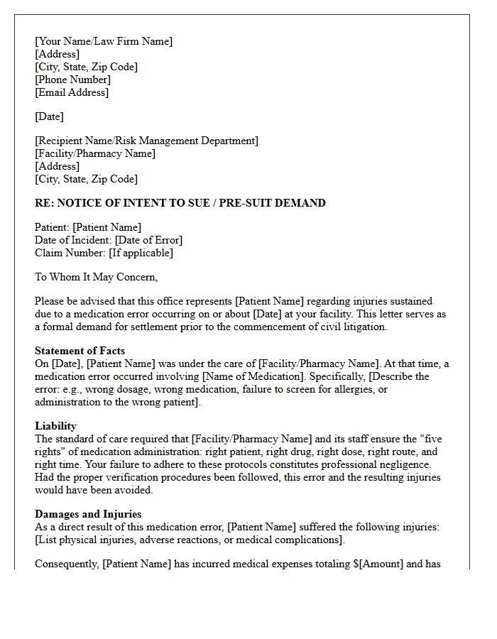 Medication Error Pre-Suit Demand Letter