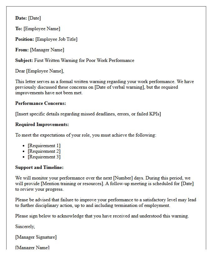 First Written Warning Letter for Poor Work Performance