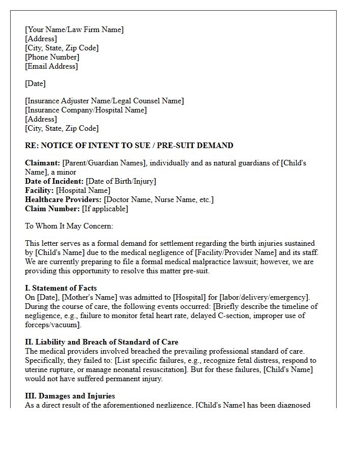 Birth Injury Pre-Suit Demand Letter