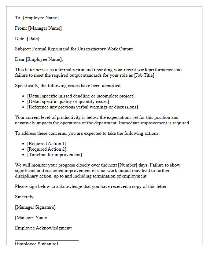 Formal Reprimand Letter for Unsatisfactory Work Output