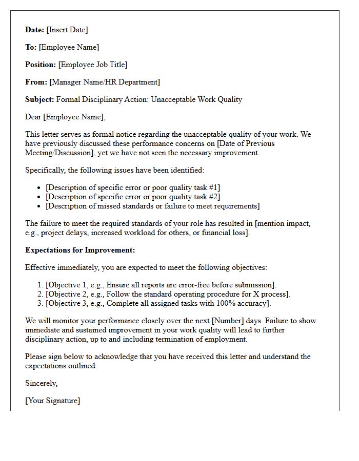 Disciplinary Action Letter for Unacceptable Work Quality