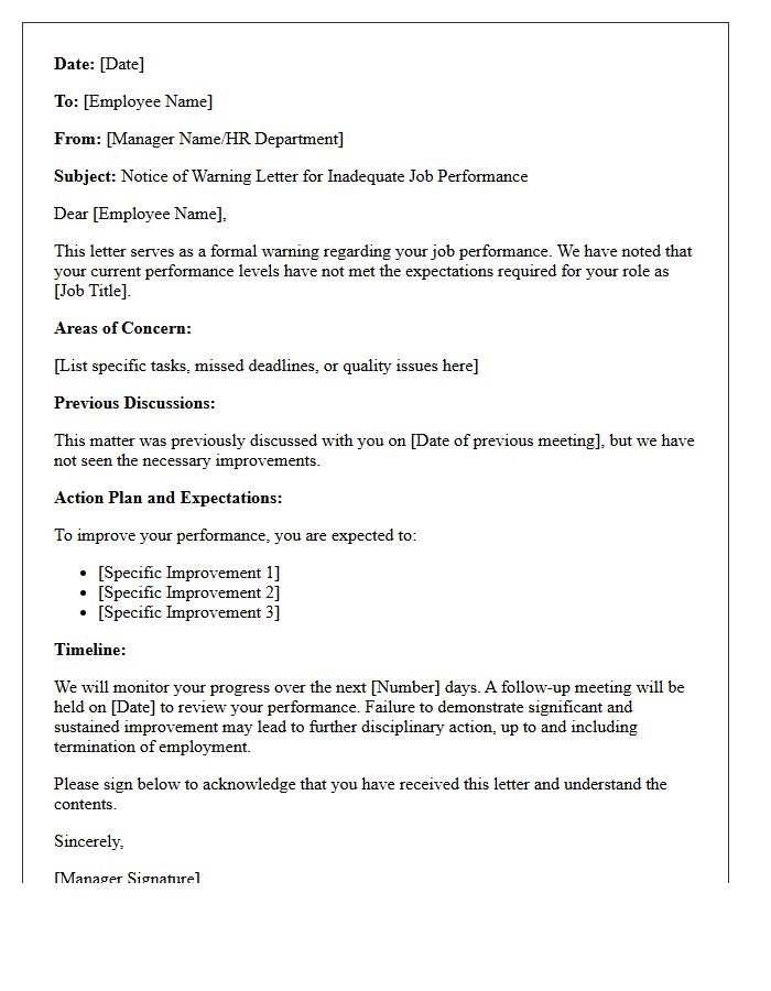 Notice of Warning Letter for Inadequate Job Performance
