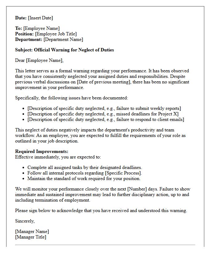 Employee Warning Letter for Consistent Neglect of Duties