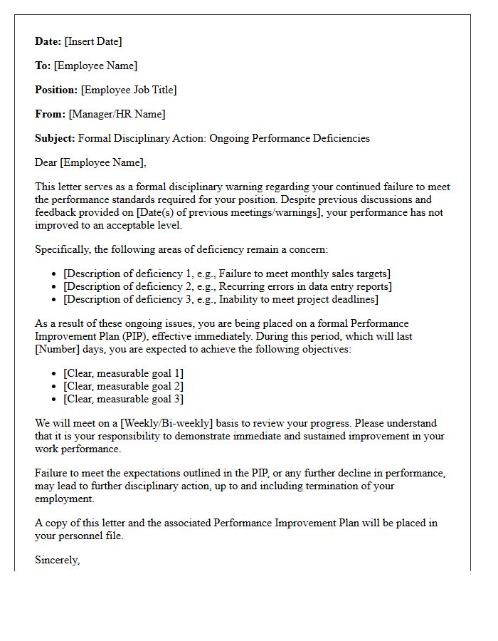 Human Resources Disciplinary Letter for Ongoing Performance Deficiencies