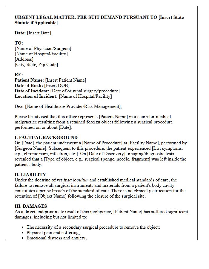 Retained Foreign Object Pre-Suit Demand Letter