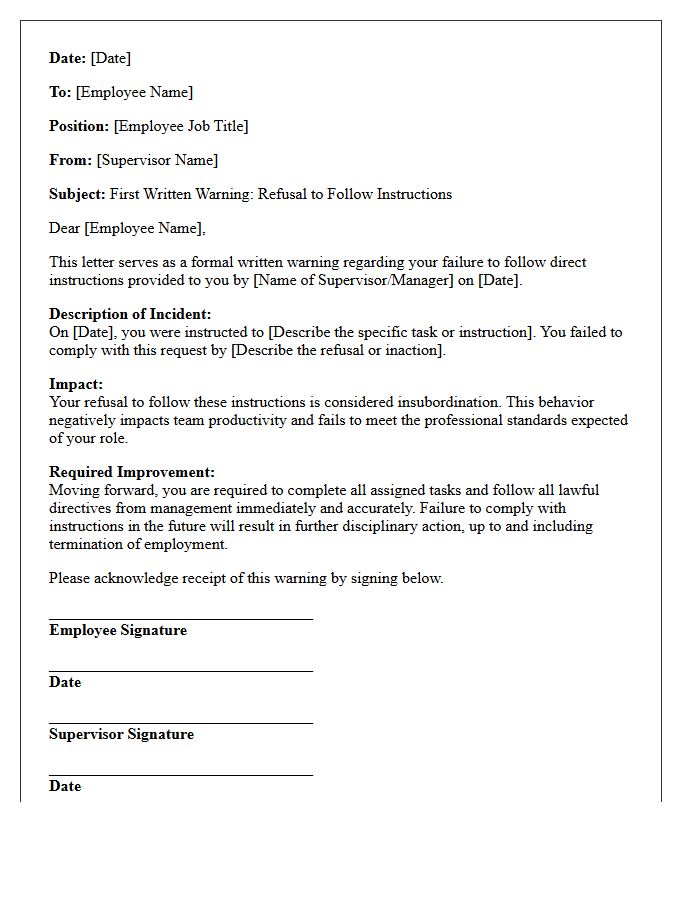 First Warning Letter for Refusal to Follow Instructions