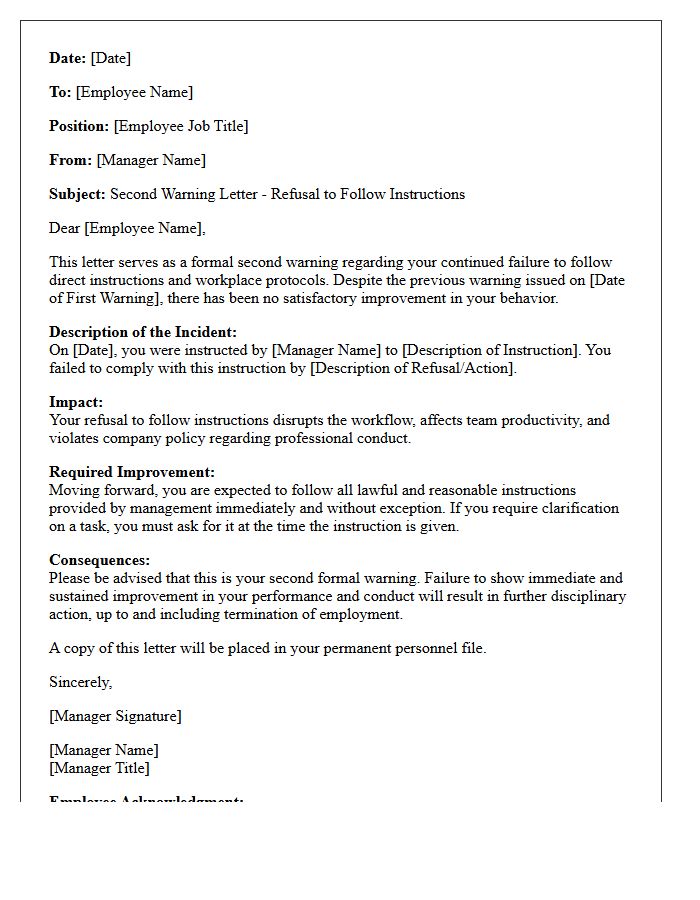 Second Warning Letter for Refusal to Follow Instructions