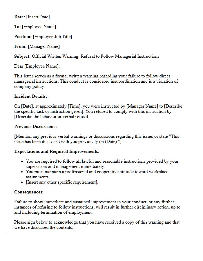 Written Warning Letter for Refusal to Follow Managerial Instructions