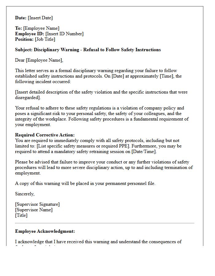 Disciplinary Warning Letter for Refusal to Follow Safety Instructions