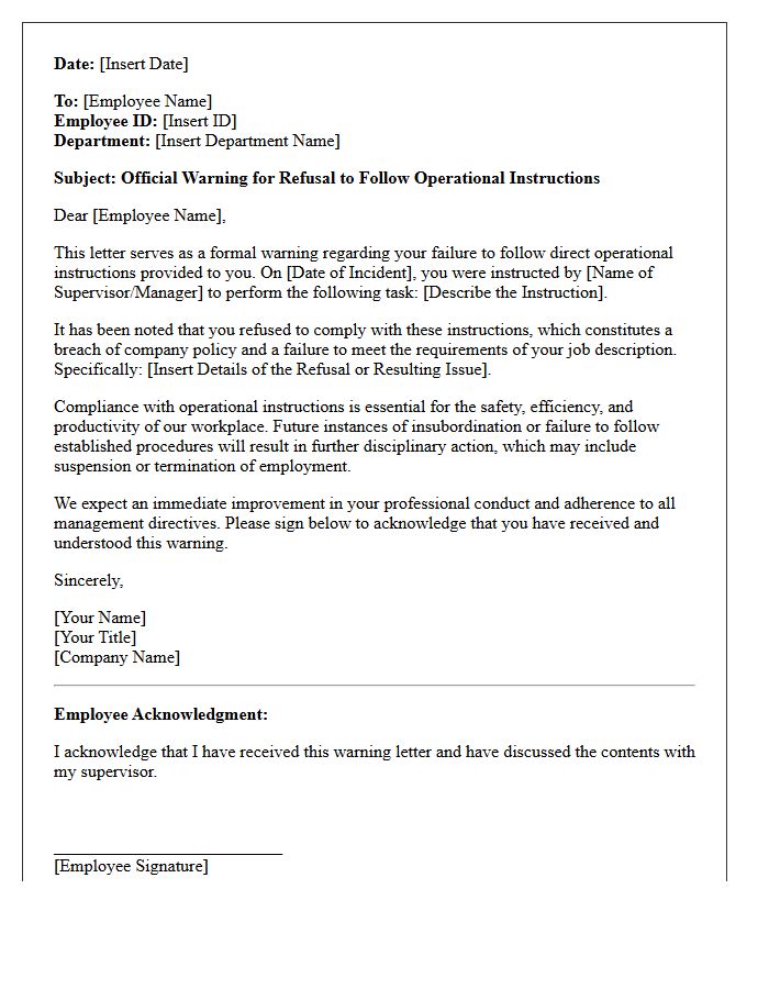 Official Warning Letter for Refusal to Follow Operational Instructions