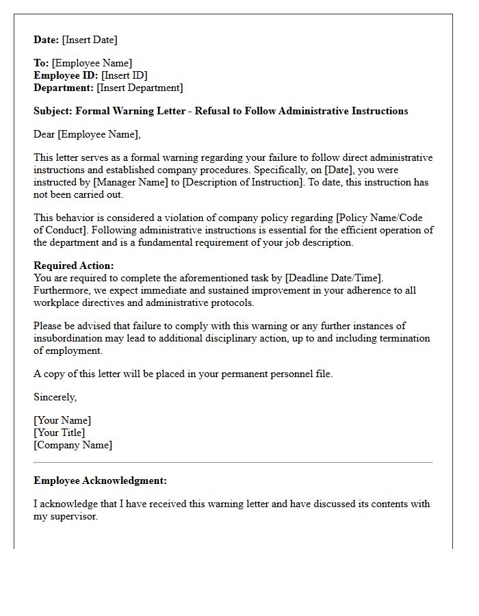 Human Resources Warning Letter for Refusal to Follow Administrative Instructions
